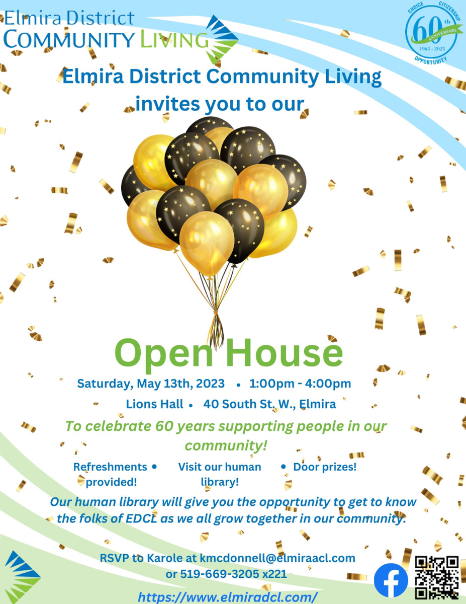 Elmira Community Living Open House flyer - Saturday, May 13, 2023 from 1 to 4 pm at 40 South St. W, Elmira